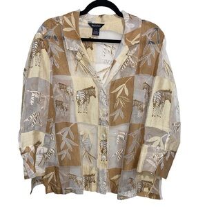 Multiples Top Womens Large Button Shirt Zebra Safari Sheer Boho Artsy Lagenlook